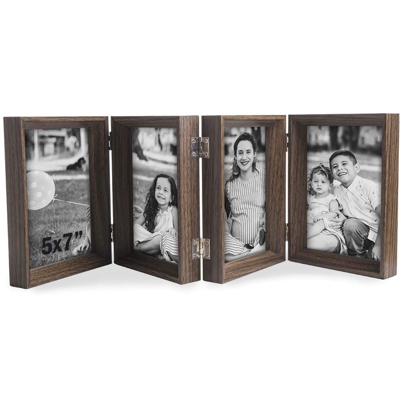 WUTL 5x7 Hinged Picture Frames Beveled Wood Brown with Real Glass 4 Vertical Opening Family Lover Gift - Image 1